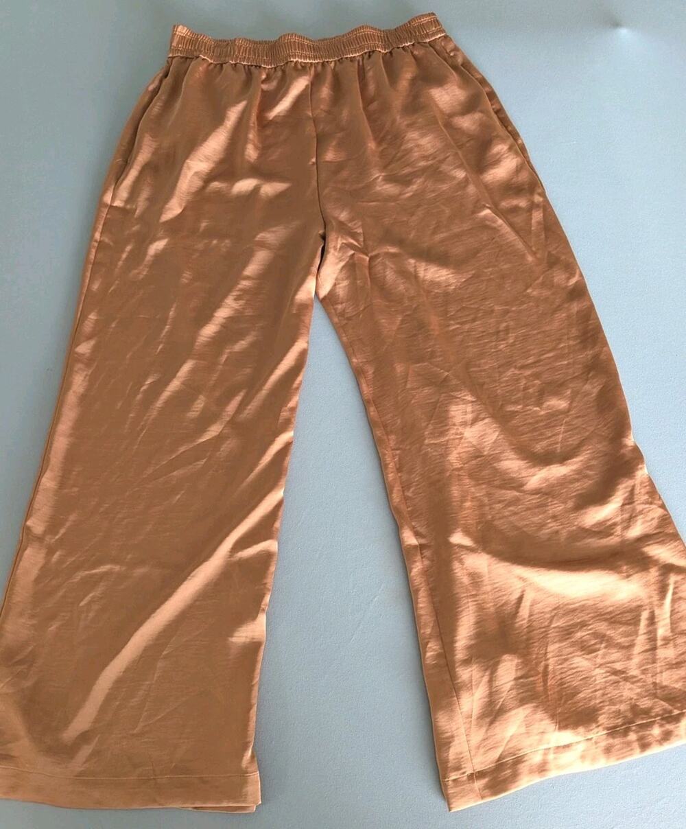 Worthingto Large Wide Leg Palazzo Pants Gold Copper Satin Pull On Elastic Waist